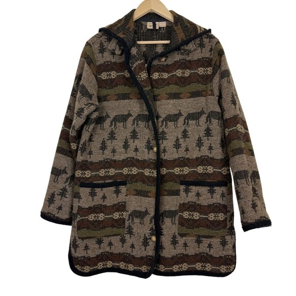 Vtg Woolrich Hooded Wool Blend Coat Sz Small WOLF Full Zip Buttons USA HTF - Picture 1 of 11